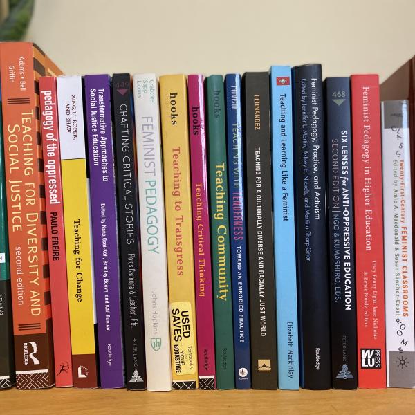 A shelf of social justice teaching books